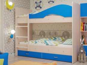 Кровать 2-х ярусная Мая с ящиками на латофлексах млечный дуб/синий в Сысерти - sysert.magazinmebel.ru | фото